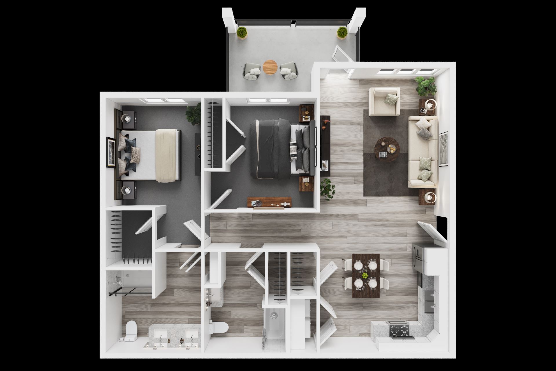 A top-down view of a well-organized apartment with a kitchen